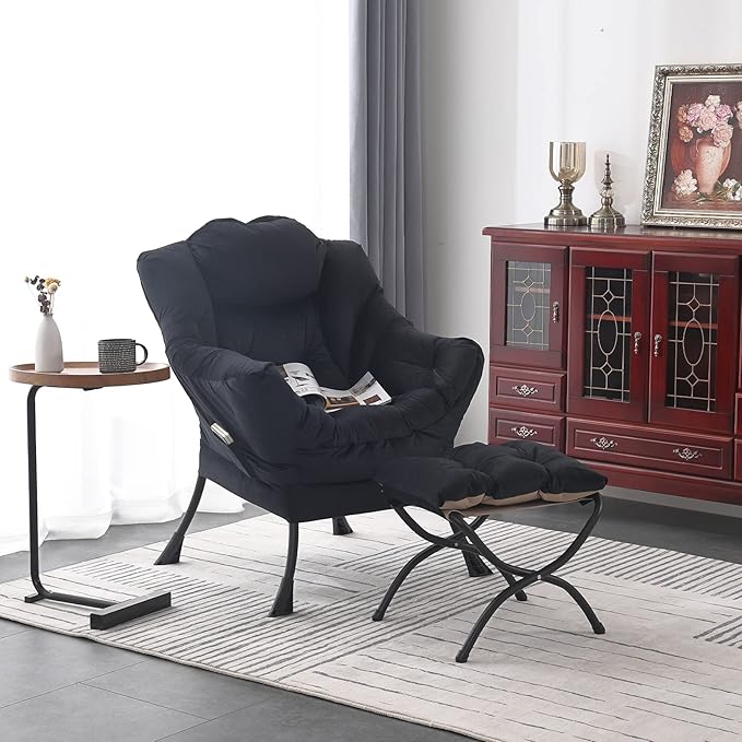Welnow Lazy Chair with Ottoman Modern Accent Chair with Armrests and a Side Pocket Leisure Sofa Armchair Reading Armchair with Footrest for Small Space Black