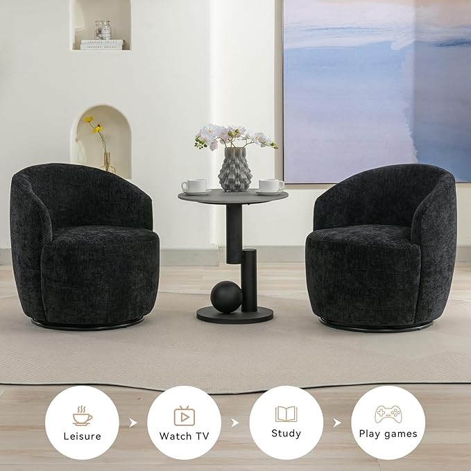 360 Degree Swivel Accent Chair Modern Barrel Vanity Chair with Back Comfy Single Circle Couch for Living Room Bedroom Reading Nook (Chenille Black)