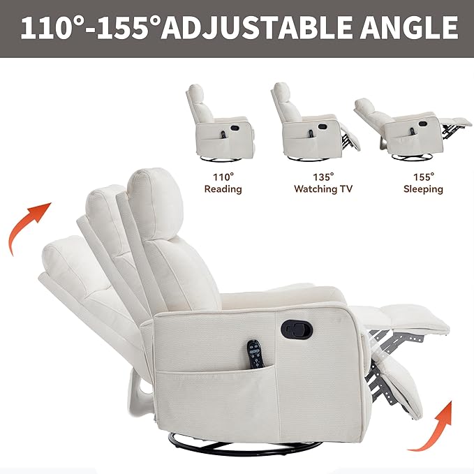 High Back Massage Recliner with Heat - Swivel Rocking Chair for Small Spaces Manual Lazy Boy Recliner for Adults Perfect for Living Room &amp Bedroom Soft Fabric (Beige)