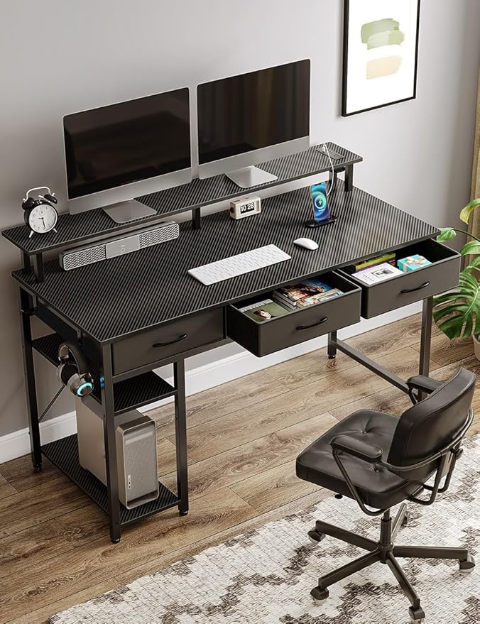 Rolanstar Computer Desk with Power Outlets &amp LED Light 55 inch Home Office Desk with 3 Drawers and Storage Shelves Writing Desk with Monitor Stand Modern Work Desk for Home Office Carbon Black