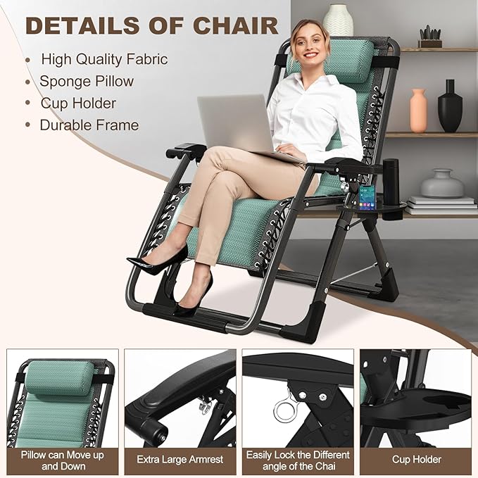 DoCred Comfy Folding Recliner Chair for Bedroom &amp Living Room Ice Touch Folding Reclining Patio Lounge Chair with Removable Tray for Indoor Outdoor