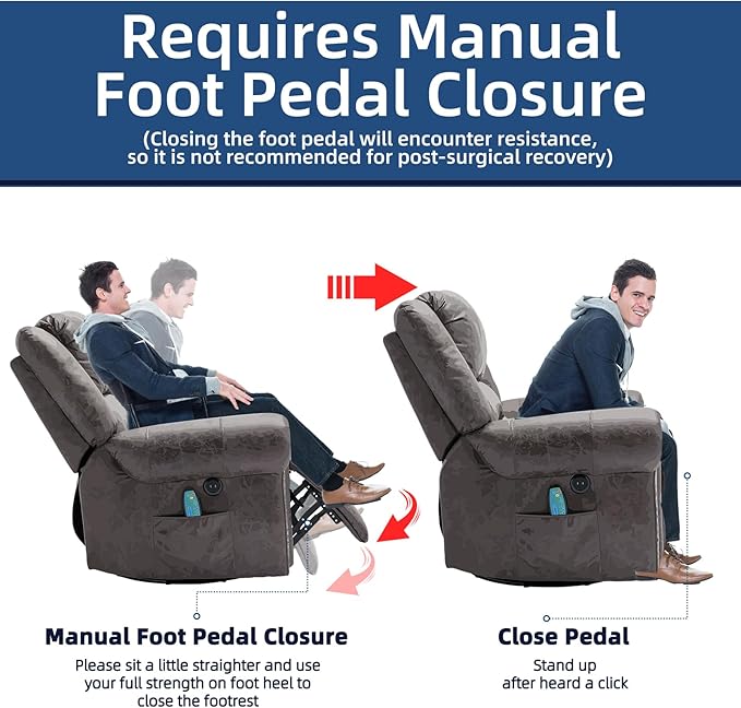 Manual Swivel Rocker Recliner Chair with Heat and Vibration 360° Swivel Glider Rocking Reclining Chair Massage Rocking Recliners with Side Pockets &amp USB Ports for Living Room Smoky Gray