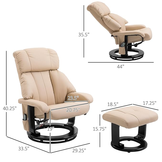 HOMCOM Massage Recliner Chair with Ottoman 360° Swivel Recliner and Footstool 10 Point Vibration PU Leather Reclining Chair with Side Pocket and Remote Control Beige