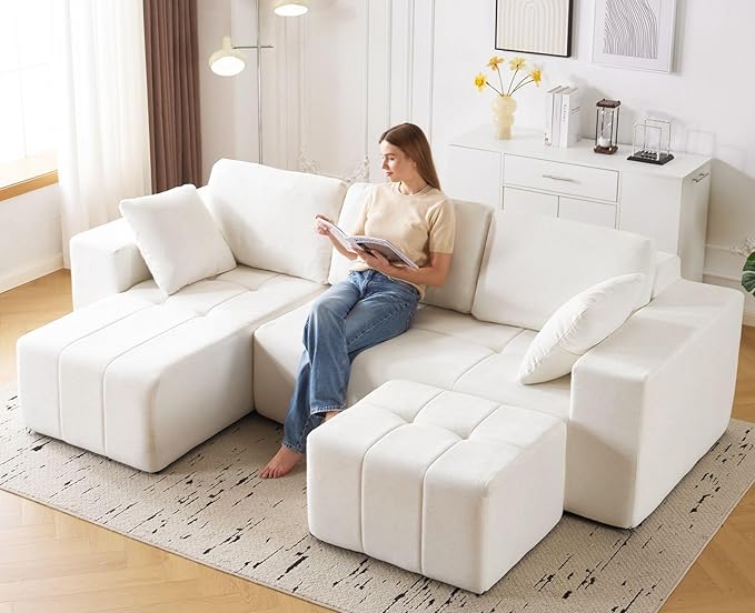 105 Cloud Modular Sectional CouchChenille Boneless Couches with Deep SeatUpholstered U-Shape Sofa with Chaise Sectional Couch with Ottoman No Assembly Required (Beige Left Facing Chaise)