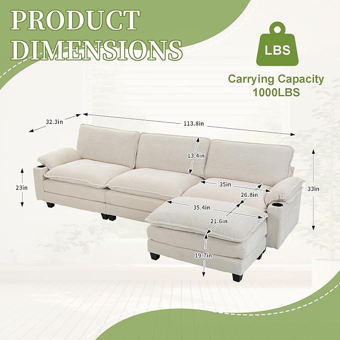 113 Modular Sectional Sofa L Shaped Cloud Couch with Movable Ottoman Comfy Corduroy Deep Seat Sofa with Cup Holders Storage Bags Couches for Living Room