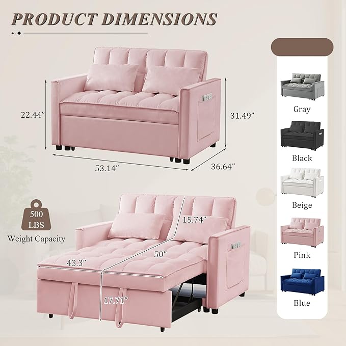 3 in 1 Convertible Sleeper Sofa Bed Futon Couches for Living Room with Side Pocket/Adjustable Backrest Velvet Upholstered Pull Out Couch Small Loveseat Sofa Bed for Bedroom Office Small Spaces