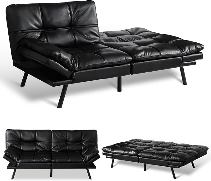 Convertible Futon Sofa Bed71 Modern Premium Faux Leather Futon Couch with Adjustable Backrest&ampArmrestSmall Loveseat Sleeper SofaDorm Futonsofa for ApartmentLiving RoomBlack