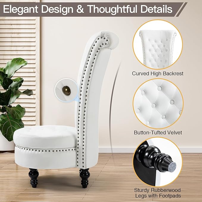 AVAWING High Back Throne Chair Velvet Armless Royal Accent Chair w/Storage Nailhead Trim &amp Rubberwood Legs for Living Room &amp Bedroom White