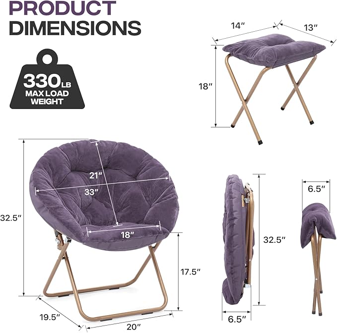 Cozy Saucer Chair Living Room Chair Faux Fur Soft Thick Padded Folding Chair Comfortable Moon Chair for Living Room Bedroom Reading Nook Modern Style 2 Pack Purple