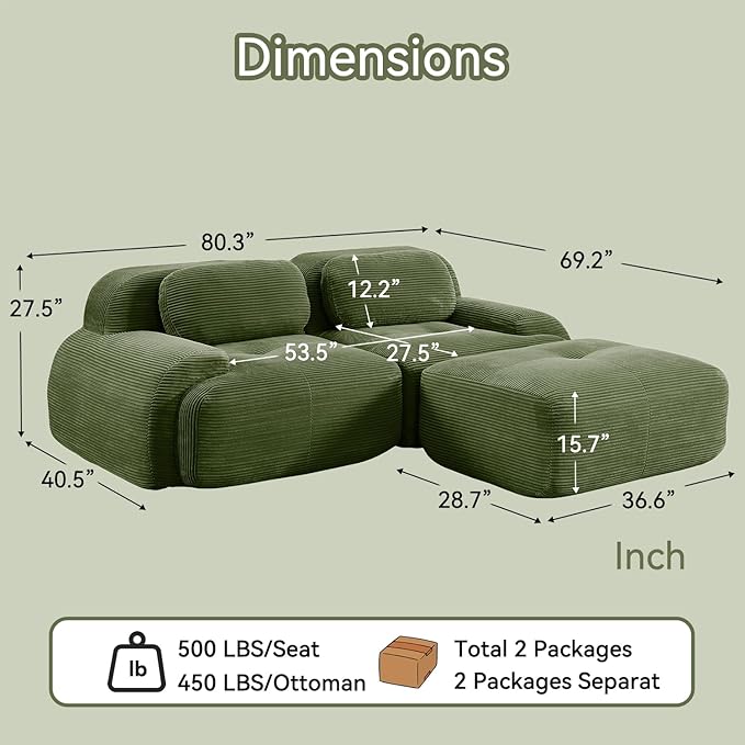 80.3 Modular Sectional Sofa Boneless Cloud Couch 2-Seater Deep Seat Cloud Couch Luxury Corduroy Fabric Sofa for Living Rooms Bedrooms Apartment (Green 80.3inch+Ottoman)