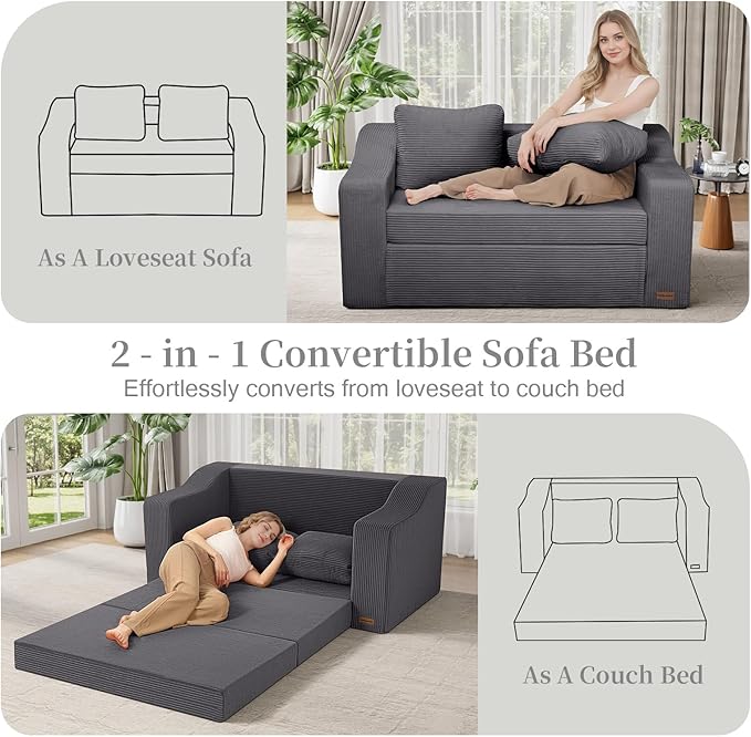 MeMoreCool Convertible Sofa Bed Pull Out Loveseat Sofa Sleeper Couch for Bedroom Living Room Lounge 2 in 1 Small Couch Bed with Pillow Foldable Love Seat Futon Corduroy Grey