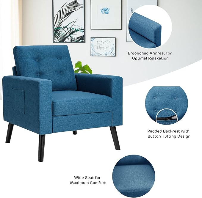 Giantex Modern Accent Chair Mid-Century Upholstered Armchair Club Chair with Rubber Wood Legs Patented Linen Fabric Single Sofa for Living Room Bedroom Office Navy