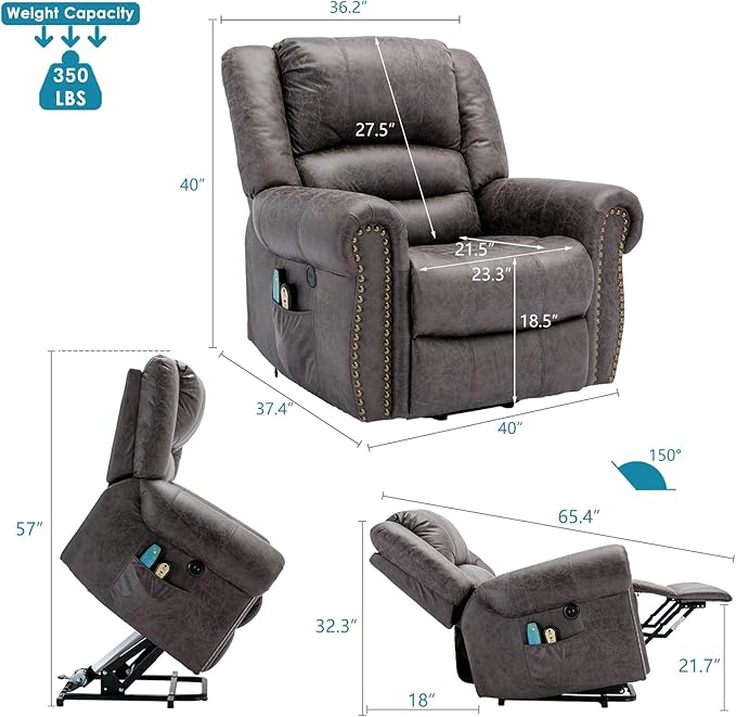 Power Electric Lift Recliner Chair with Massage and Heat for Elderly 2 Remote Controls 2 Side Pockets and USB Ports (Grey)