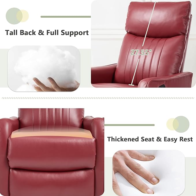 cinkehome Heated Massage Swivel Rocker Recliner Chair for Nursery - Small Space Reclining Chair with Lumbar Support 360° Swivel &amp Gentle Rocking Ergonomic High Back Faux Leather Red