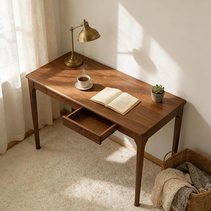 Natural Solid Wood Desk with Drawers Mid Century Modern Real Wood Writing Desk Home Computer Office Desks for Work Standing Desk for Bedroom Small Spaces (Walnut Color 47.24×22.05(120×56cm))