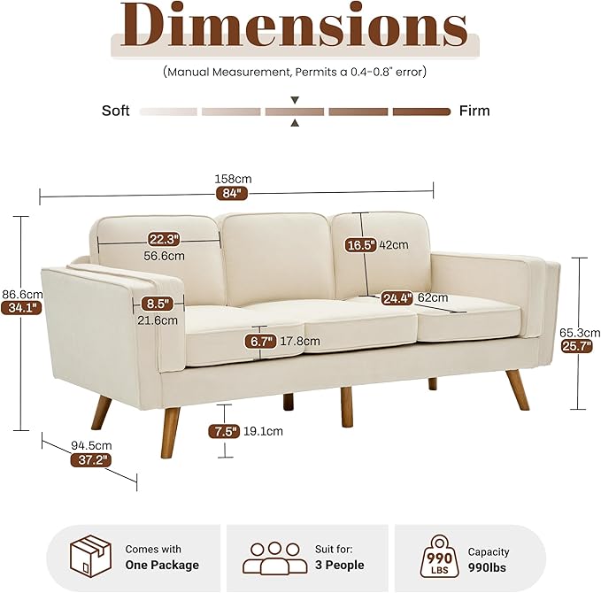Kingfun 83 Chenille Sofa 3 Seater Couch with Deep Seats Mid Century Modern Upholstered Couches with Dual-Layer Armrests for Living Room &amp Bedroom Beige
