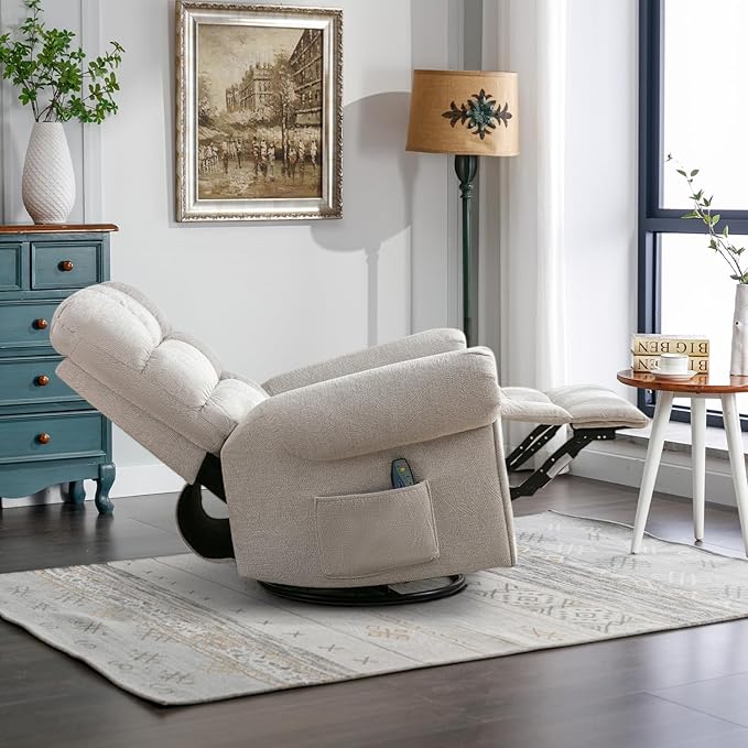 CANMOV Massage Swivel Rocker Recliner Chair with Heat and Vibration360°Swivel Rocking Glider Recliner Single Sofa with Side Pocket Manual Recliner Chair for Living RoomBedroomLight Grey