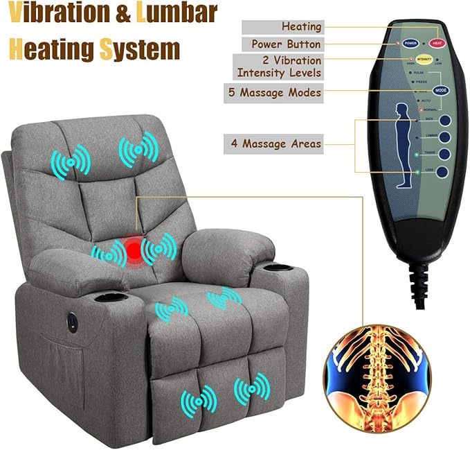 Giantex Power Lift Chair Electric Recliner Sofa for Elderly Fabric Reclining Sofa w/ 8 Point Massage &amp Lumbar Heat 2 Side Pockets Cup Holders USB Charge Port Motorized Sofa Chair for Living Roo