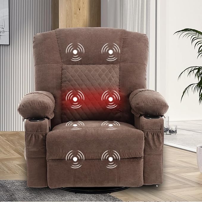 Oversized Rocker Recliner Chair with Massage and Heat Overstuffed Fabric Swivel Recliners Lounge Chairs for Adults Manual Home Theater Recliner with Cup HoldersUSB Charge PortBrown