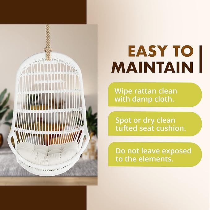 KOUBOO Hanging Rattan Swing Chair with Seat Cushion Handwoven Natural Rattan Chair Coastal Home Decor Furniture for Bedroom Living Room &amp Sun Room White
