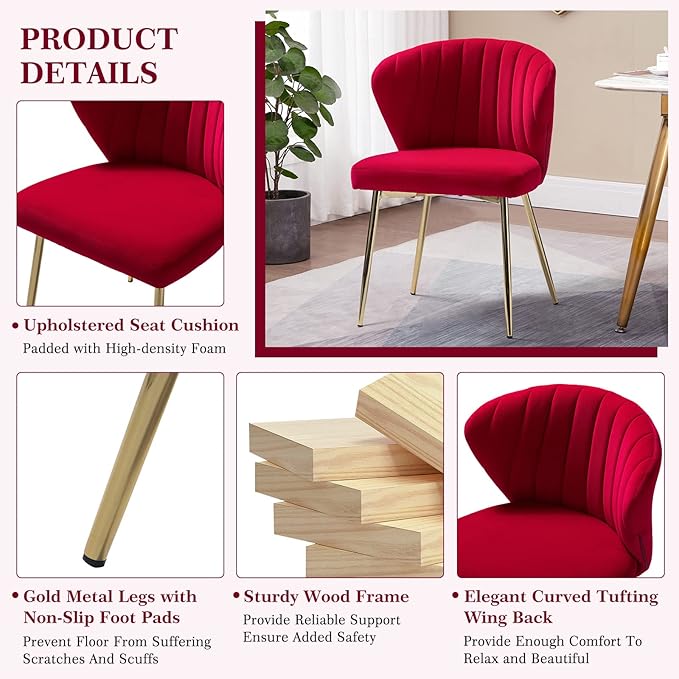 HULALA HOME Velvet Dining Chair Cute Armless Accent Chair Living Room Chair with Golden Legs Mid Century Modern Upholstered Side Chair for Kitchen Vanity RED