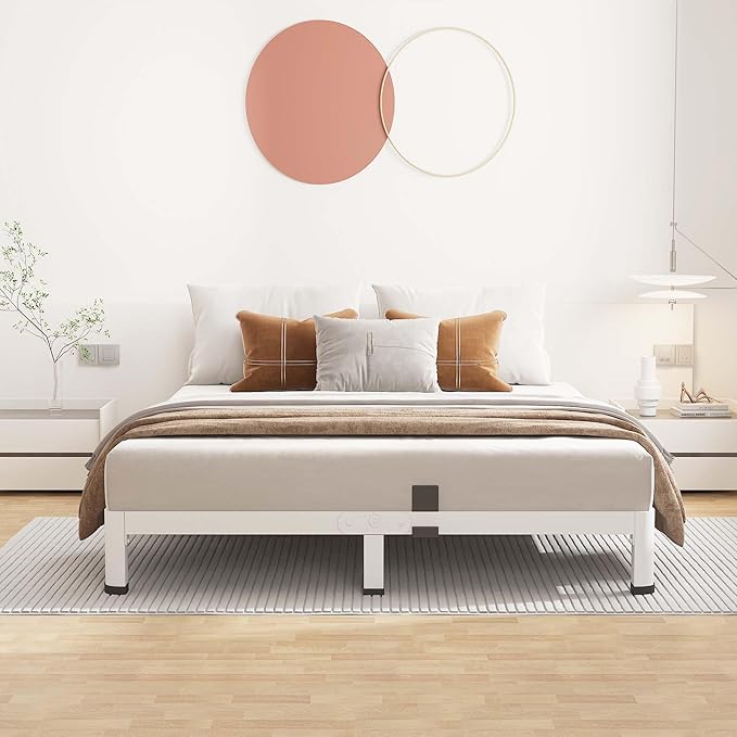 ROIL 4 Inch White Queen Bed Frame with Rounded Corner and Mattress Retainers 3500LBS Heavy Duty Steel Slats No Box Spring Needed Platform Noise-Free Easy Assembly