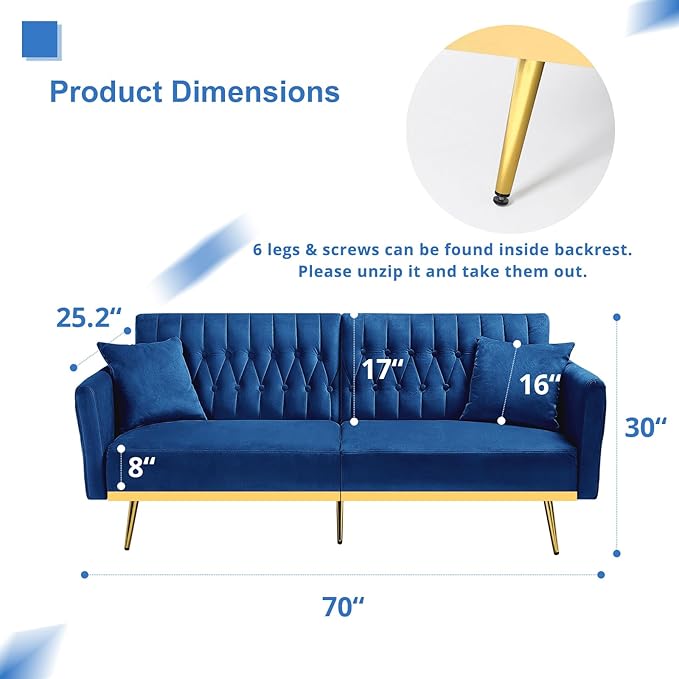 2 Pieces Velvet Futon Sofa Set with Adjustable Backrests and Armrests 70” Convertible Sofa Bed &amp Tufted Accent Chair with Ottoman for Living Room Blue