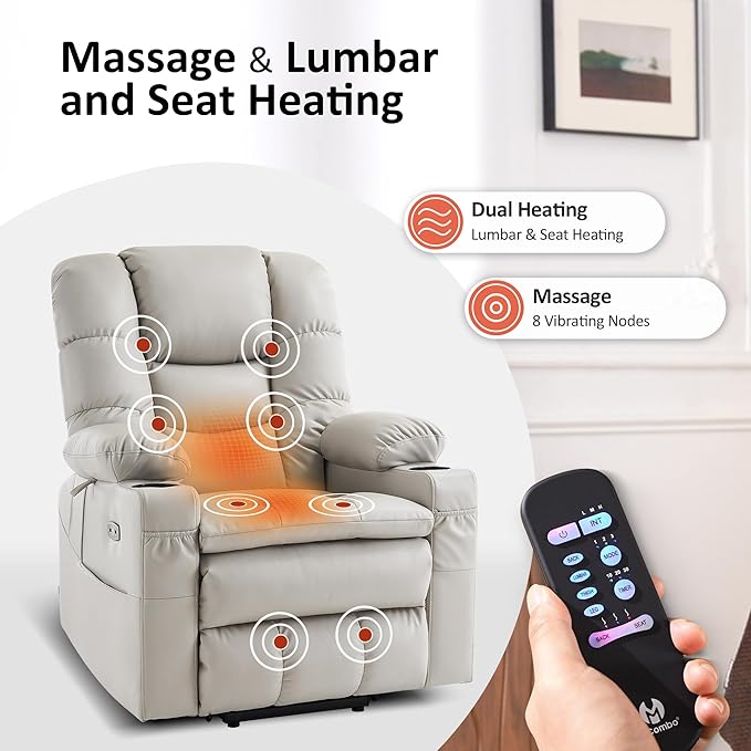 MCombo Triple Motor Power Lift Recliner Chair with Massage and Dual Heating Adjustable Headrest for Elderly People Faux Leather 7632 (Light Grey Medium)
