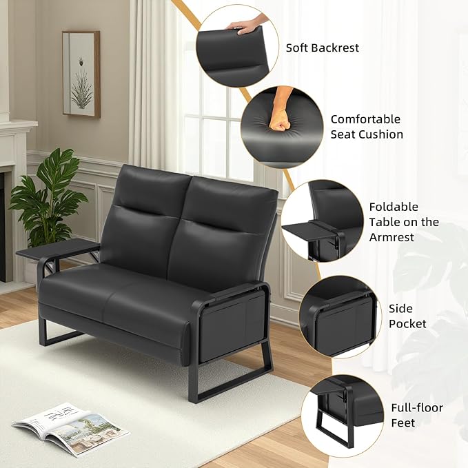 Faux Leather Loveseat Couch for Living Room Bedroom Office Small Sofa 2 Seater Couch with Flip Up Tray Table Side Pockets Leather Loveseats Black