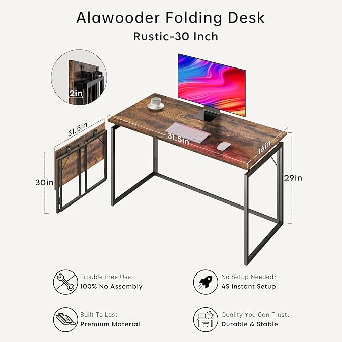 Folding Desk - 31.5 Wood Top Foldable Desk for Small Spaces | No Assembly Required Compact Desk for Home Office Writing and Study