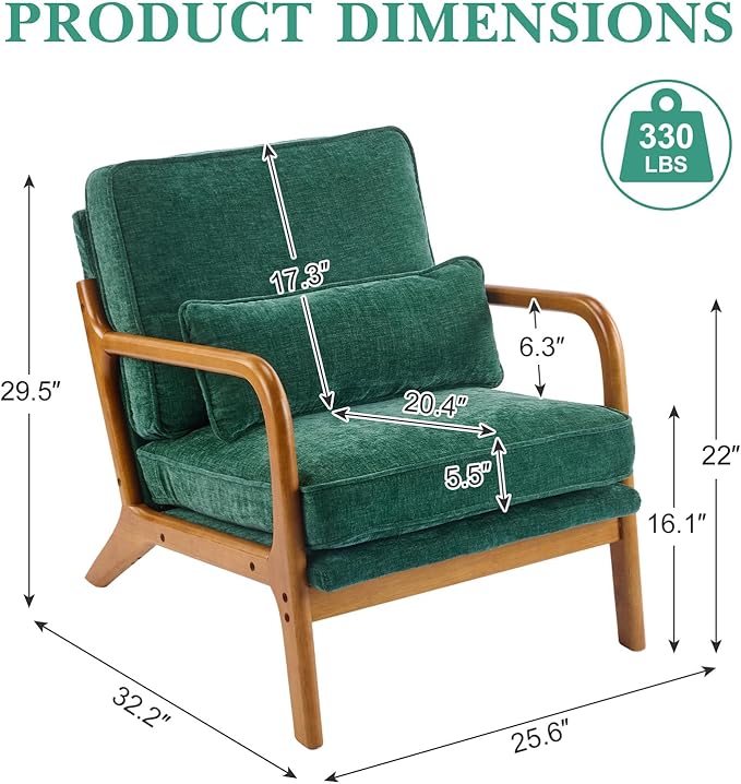 Karl home Mid Century Modern Accent Chair with Lumbar Pillow &amp Oak Arms – Plush Chenille Living Room Chair for Bedroom Lounge (Dark Green)