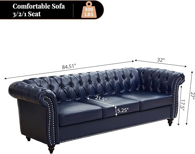 LEVNARY Chesterfield Sofa 3 Seater Tufted Couch for Living Room Classic Button Tufted Upholstered Sofa Modern Mid-Century PU Leather Sofa (Blue)