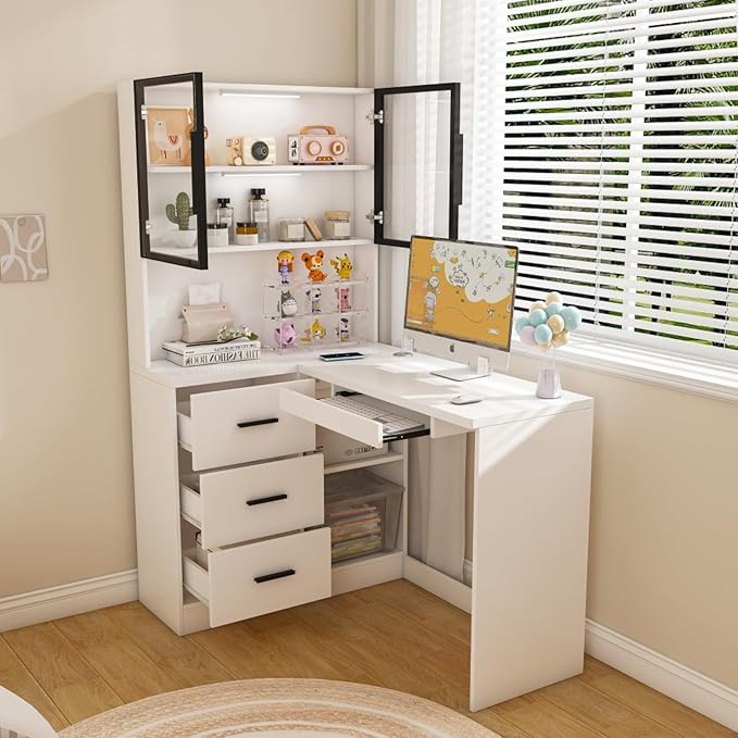 Ergonomic L-Shaped Design Housheold Glass Cabinet Computer Desk with LED Lights USB Ports &amp Keyboard Tray for Home Offices and Corporate Spaces (White)