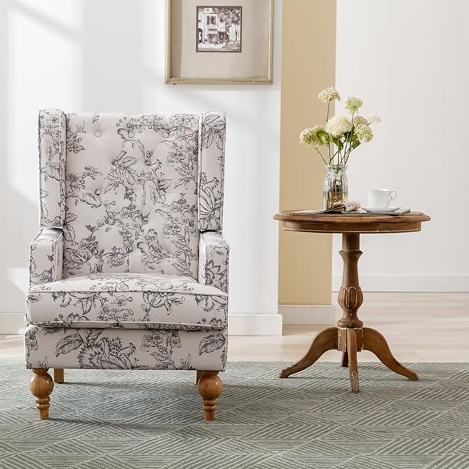Mid-Century Accent Chair Upholstered Arm Chair Linen Fabric Side Chair with High Back Solid Wooden Legs Comfy Reading Chair for Living Room Bedroom Floral Pattern