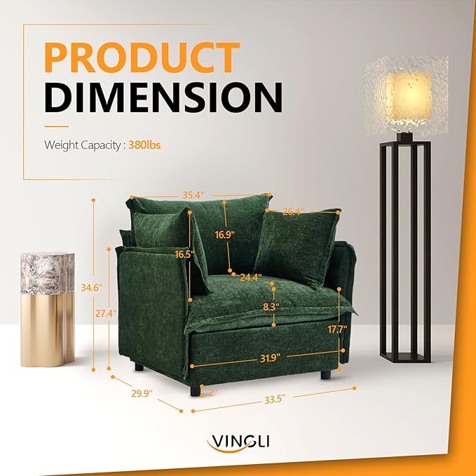 VINGLI Green Accent Chair 34 Width Oversized Reading Chair Upholstered Armchair Soft Chenille Fabric Living Room Chairs Sofa for Adults Bedroom Home Office Play Room