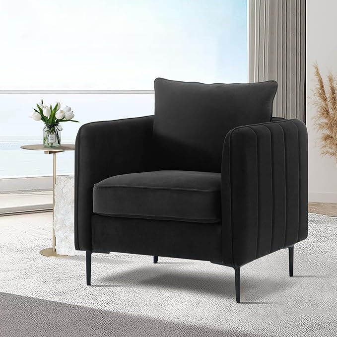Mid Century Modern Accent Chair Comfy Upholstered Single Sofa Chair with Thick Cushion Velvet Armchair with Black Metal Legs Side Chair for Living Room Bedroom Apartment (Black)