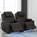 Power Recliner Chair with Heat and Massage PU Leather Home Theater Seating with LED Lights/Cup Holders/Side Pocket/USB Port Reclining Sofa Chair for Living Room(2 Brown)