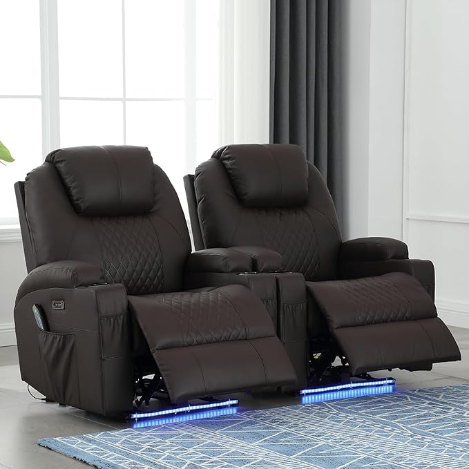 Power Recliner Chair with Heat and Massage PU Leather Home Theater Seating with LED Lights/Cup Holders/Side Pocket/USB Port Reclining Sofa Chair for Living Room(2 Brown)