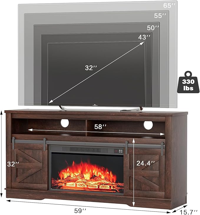 YESHOMY Fireplace TV Stand for Television up to 65+ Inch with Storage and Farmhouse Sliding Barn Doors Entertainment Center with Cabinet and Shelves Media Console for Living Room Dark Brown