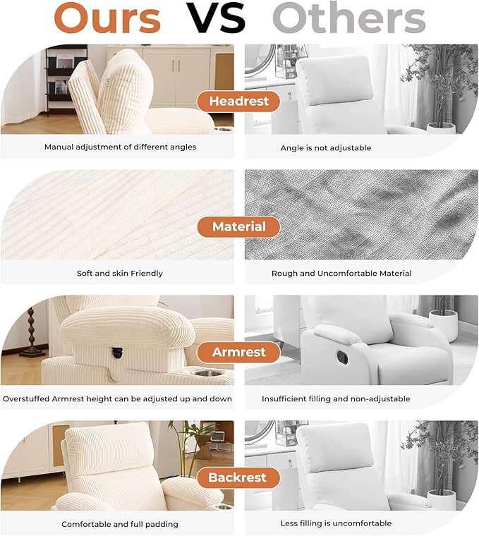 Power Recliner with Adjustable Armrests Rocking Chair Nursery with Massage and Heat Electric Glider Recliner Nursing Chair for Breastfeeding Swivel Rocker Recliner Corduroy Beige