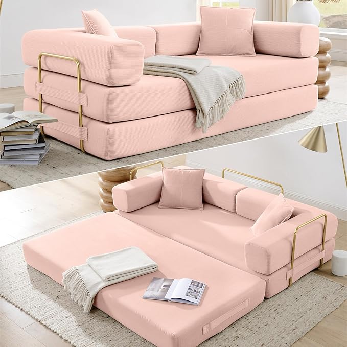 HANXIN Convertible Sleeper Sofa Bed 78 Inch Folding Floor Mattress Couch with Fixed-Shape Frame Futon Boneless Couch Lounge Loveseat with Pull Out Bed No Assembly Required Pink