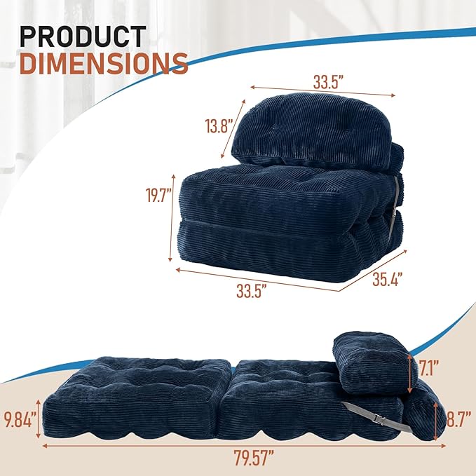 Folding Sofa Bed Convertible Sleeper Chair with Back Support and Pillow FutonBoneless Foldable Couch for Living Room/Guest Use/Home Office Foldable Chair Bed for Adults Navy Blue