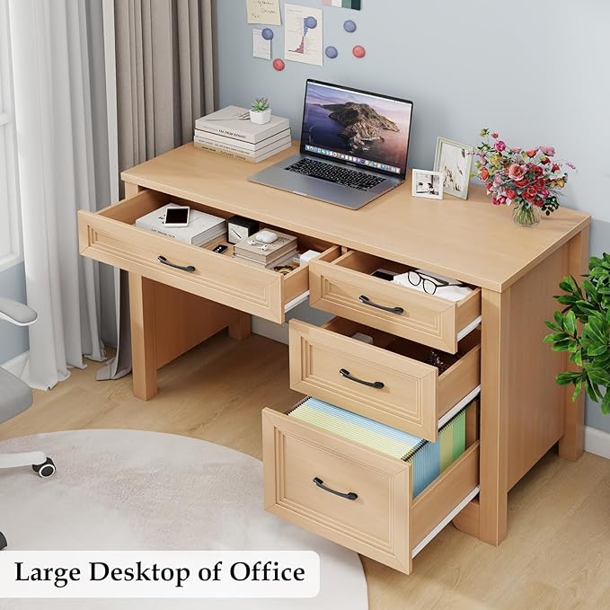 Farmhouse Executive Desk with Drawers Wood Computer Desk with Ample File Drawer Rustic Home Office Desk with Storage for Bedroom Living Room Natural