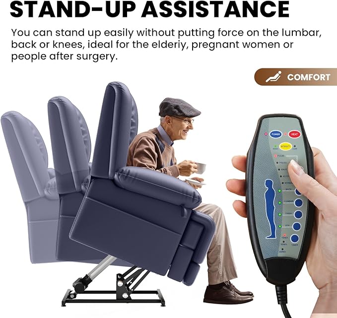 Large Dual Motor Power Lift Recliner Chair with Massage and Heat for Elderly People Infinite PositionUSB Ports and Remote ControlBreathable Leather (Blue)
