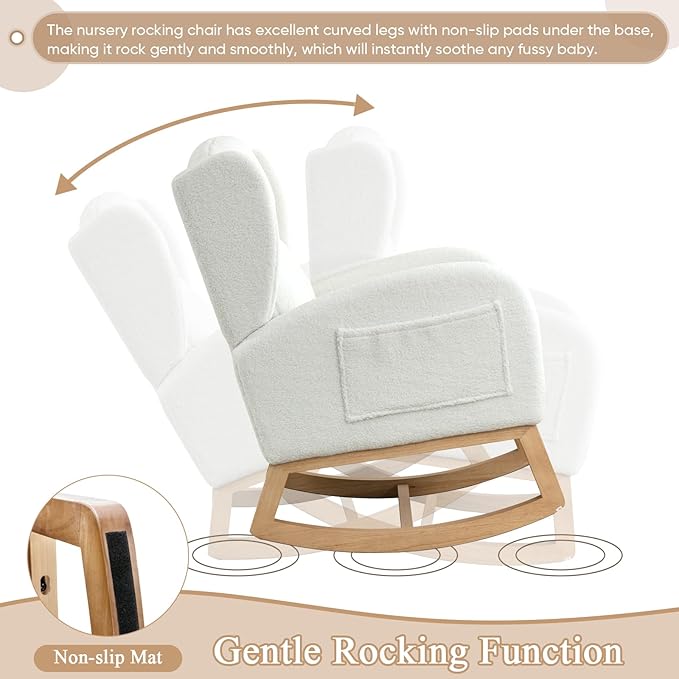 Rocking Glider Chair for Nursery Wingback Teddy Accent Rocker Chair Upholstered Tall Back Arm Chair w/Side Pockets Modern Leisure Single Sofa for Living Room Hotel Bedroom Baby Room Ivory