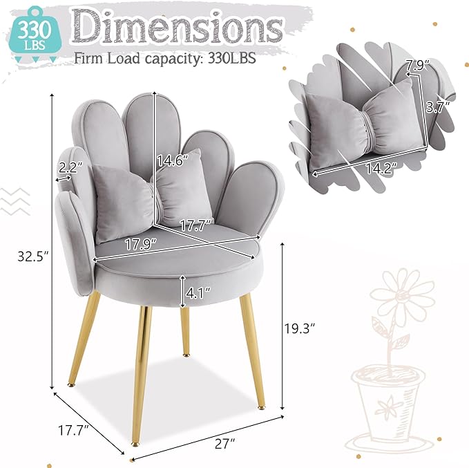 VINGLI Petal Makeup Vanity Chair with BackFlower Cute Girls Desk Chair Comfy No WheelsModern Dining ChairSmall Accent Chair with Adustable Gold Legs&ampBow Pillow for Home OfficeBedroomVelvetGr