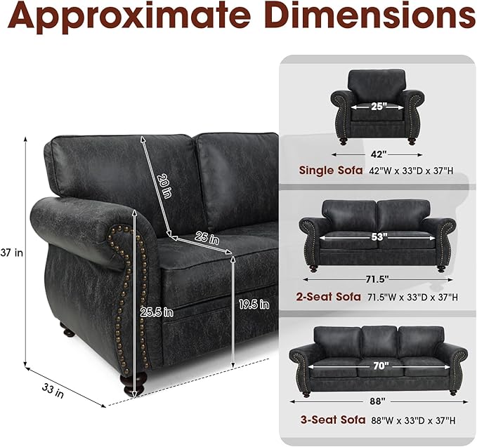 Living Room Furniture SetsMid-Century Vintage Sofa Couches with Rivet Design (Grey Single+Loveseat)