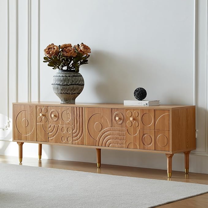 Modern TV Stand for 80 inch TV 70.9 Entertainment Center with Carved Geometric Doors TV Console with 4 Cabinet Storage Retro Art-Inspired Media Console for Living Room/Bedroom - Wood
