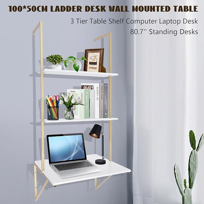 3 Tier Wall Mount Desk 39 Ladder Desk for Small Space Industrial Desk Floating ShelvesComputer Laptop Desk with ShelvesIndustrial Shelf Wall Mount Floating Pipe Table with Storage