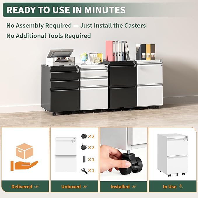 2 Drawer File Cabinet with LockUnder Desk Rolling Small Filing Cabinet for Home Office Storage Mobile Steel Cabinets with Wheels Fully Assembled White
